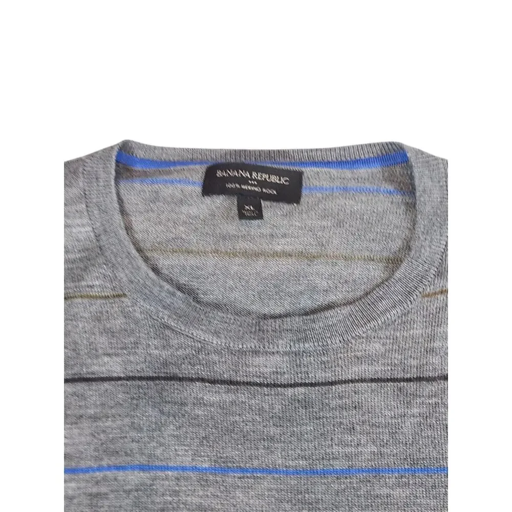 Banana Republic 100% Merino Wool Sweater XL Gray Striped‎ Crew Neck Lightweight